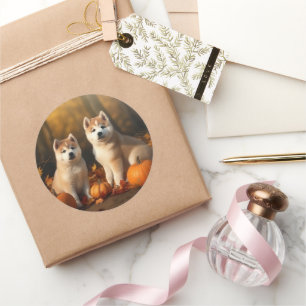 Adesivo Redondo Akita Puppy Autumn Delight Pumpkin