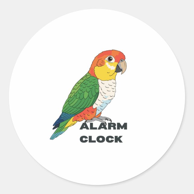 Adesivo Redondo Alarm Clock Sun Conure – Loud Parrot Design (Frente)