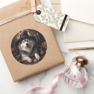 Adesivo Redondo Alaskan Malamute Pumpkins Halloween Scary