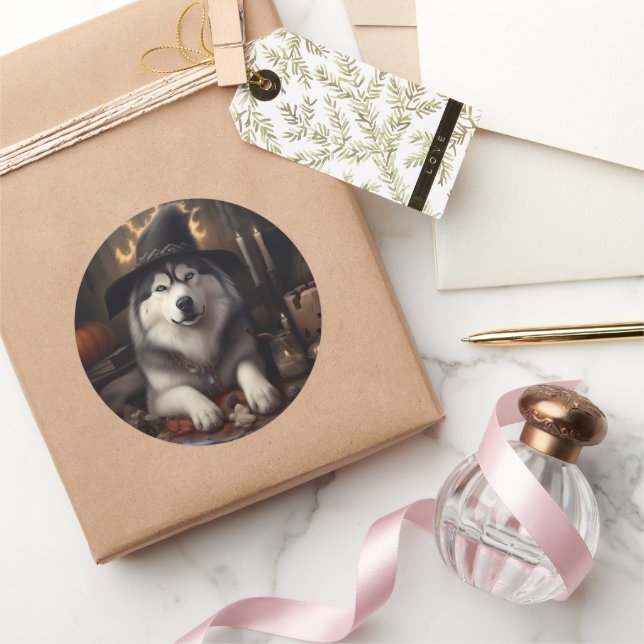 Adesivo Redondo Alaskan Malamute Pumpkins Halloween Scary (Presentear)