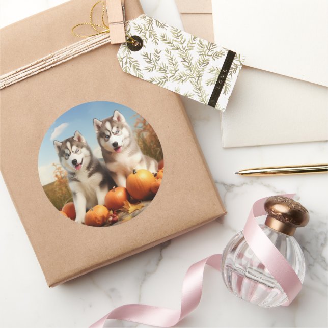 Adesivo Redondo Alaskan Malamute Puppy Autumn Delight Pumpkin (Presentear)