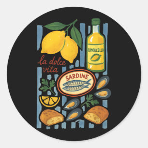 Adesivo Redondo Álbum de Verão Italiano com Frutos do Mar ao Limon