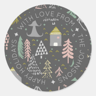Adesivo Redondo Aldeia de Natal Escandinava Personalizada Doodle
