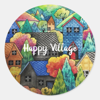Adesivo Redondo Aldeia Do Lado Da Água Com Casas Coloridas