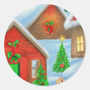 Adesivo Redondo Aldeia rural no Natal, brilhante e fofo