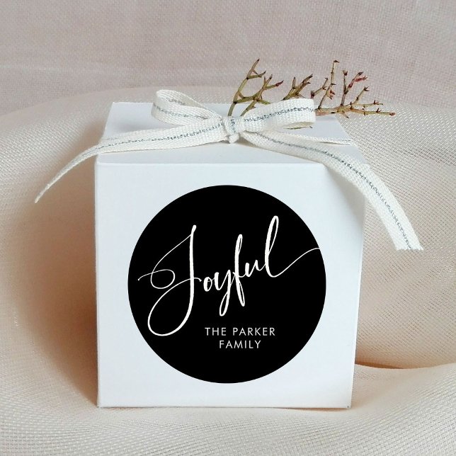 Adesivo Redondo Alegria | Escuro Elegante Natal Preto (Christmas stickers with elegant calligraphy that says "joyful")
