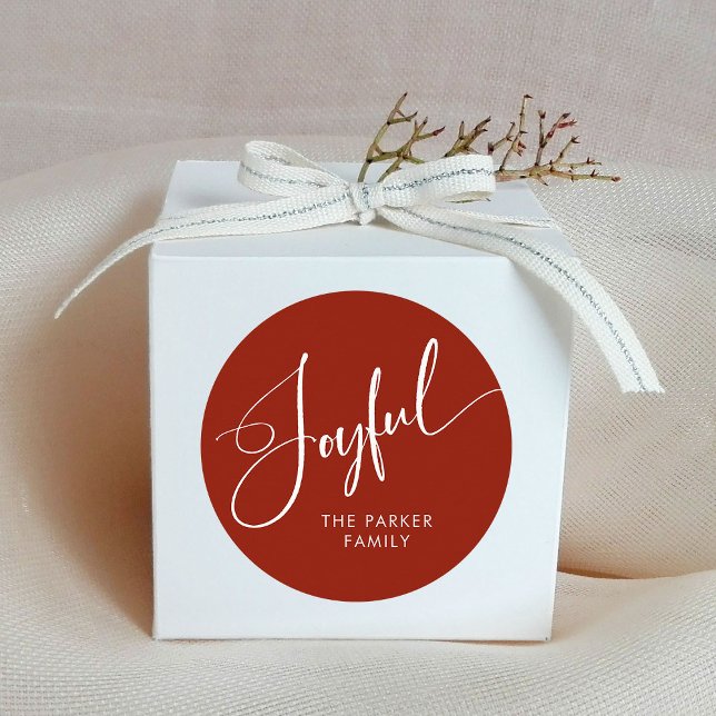 Adesivo Redondo Alegria | Escuro Elegante Natal Vermelho (Christmas stickers with elegant calligraphy that says "joyful")