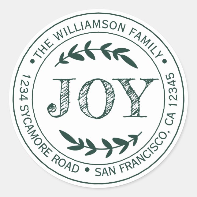 Adesivo Redondo Alegria Natalícia Moderna Rústica Endereço de Reto (Frente)