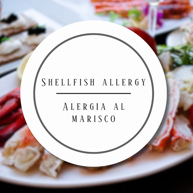Adesivo Redondo Alergia Bilíngue Preta e Branca a Peixe-Maravilha (Bilingual Shellfish allergy warning sticker, Spanish text, customizable multilingual project)