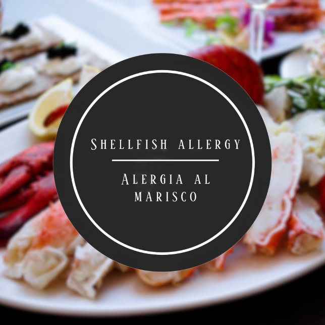 Adesivo Redondo Alergia Bilíngue Preta e Branca a Peixe-Maravilha (Bilingual Shellfish allergy warning sticker, spanish customizable text. Multilingual Project)