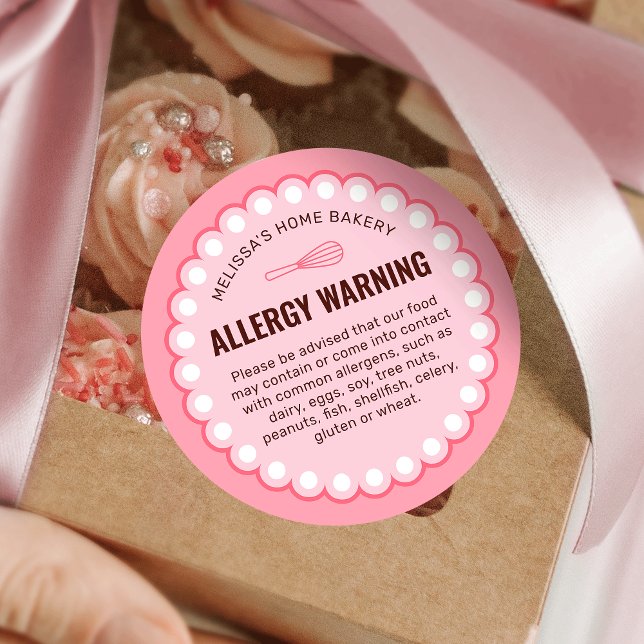 Adesivo Redondo Alerta de Alergênios de Segurança da Comida de Pan (feminine blush pink allergy warning food labels with retro frame motif)
