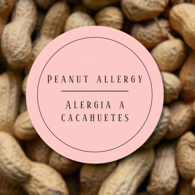 Adesivo Redondo Alerta de Alergia Bilíngue a Amendoins Rosa Espanh (Pink Bilingual Peanut Allergy Alert, Spanish custom text, Multilingual Project)