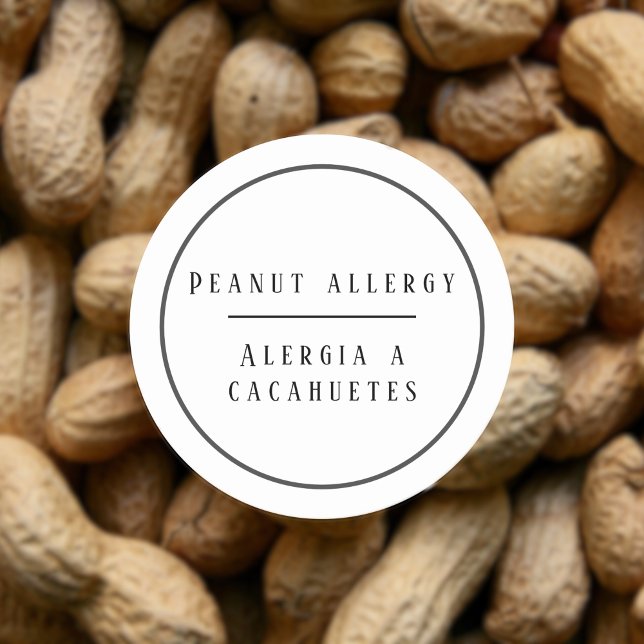 Adesivo Redondo Alerta de Alergia Bilíngue a Preto e Branco (Bilingual peanut allergy warning sticker, custom bilingual text multilingual project)