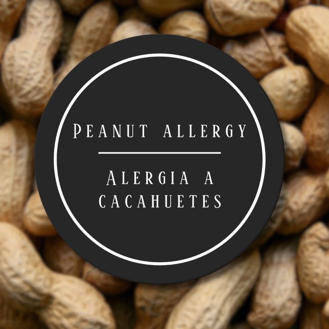 Adesivo Redondo Alerta de Alergia Bilíngue a Preto e Branco (Bilingual peanut allergy warning sticker, custom stickers, multilingual Project)