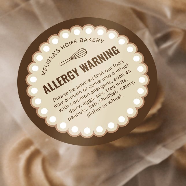 Adesivo Redondo Alerta de segurança de Comidas de Beige Bakery (neutral beige allergy warning food labels with retro frame motif)