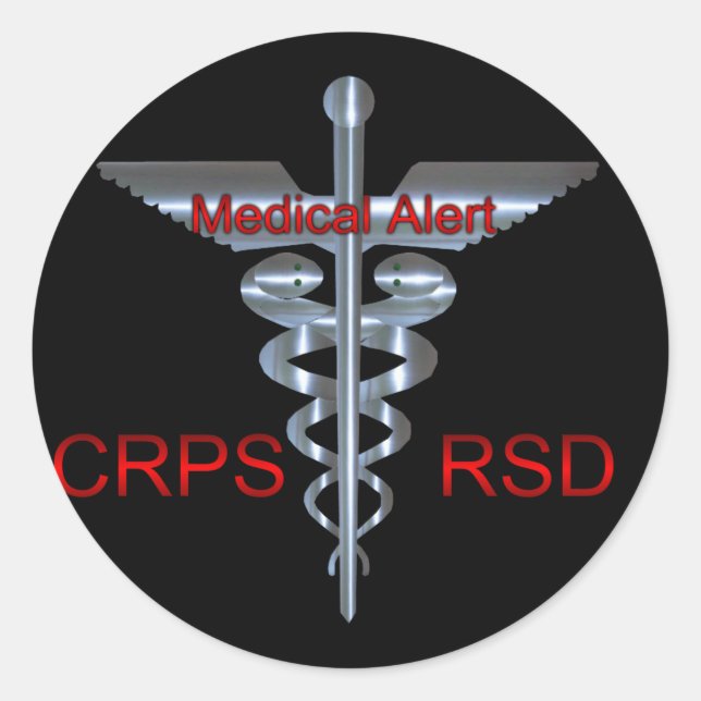 Adesivo Redondo Alerta Médico do CRPS RSD Silver Asclepius Caduceu (Frente)