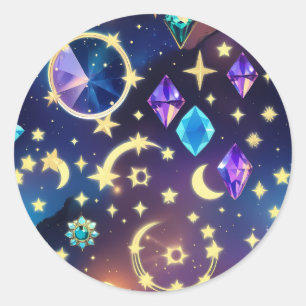 Adesivo Redondo Alexandrita Safira Lua Celestial Luxo Jóia