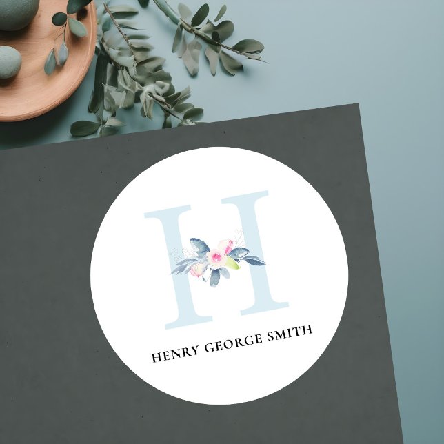 ADESIVO REDONDO ALFABETES FLORAIS AZUIS SUAVES, LETRA H (Criador carregado)