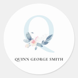 ADESIVO REDONDO ALFABETES FLORAIS AZUIS SUAVES, LETRA Q