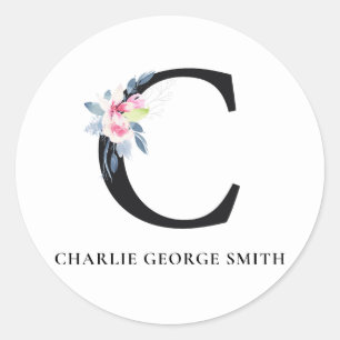 ADESIVO REDONDO ALFABETES FLORAIS AZUIS SUAVES LOMBAS LETAS C