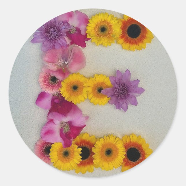 Adesivo Redondo Alfabeto E em Flores (Frente)