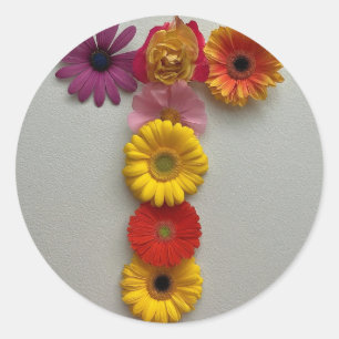 Adesivo Redondo Alfabeto T em Flores