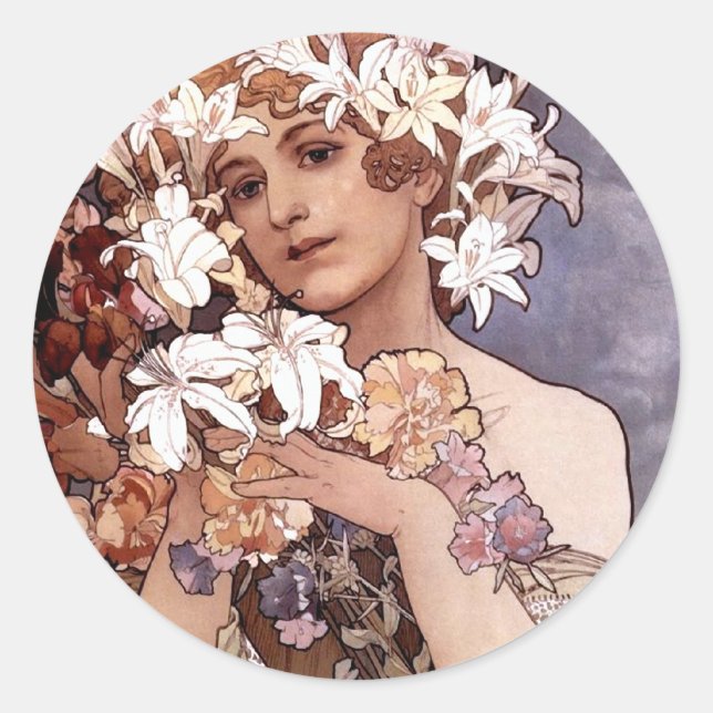Adesivo Redondo Alfons Mucha: Flor (Frente)
