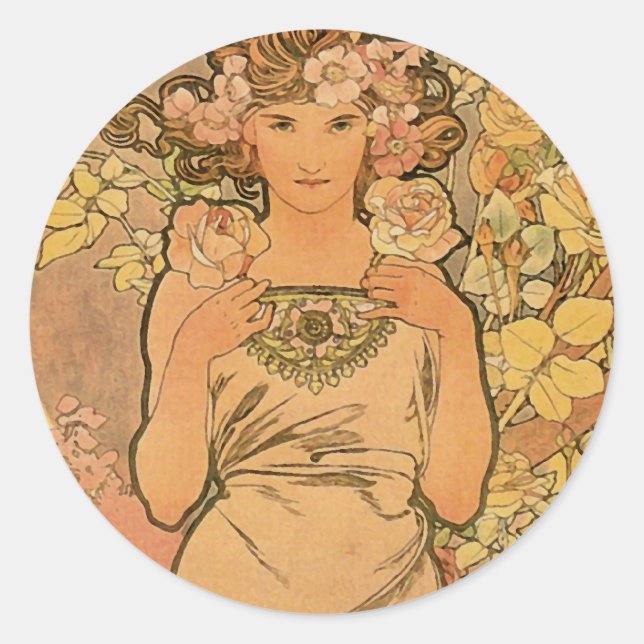 Adesivo Redondo Alfons Mucha ~ O rosa (Frente)