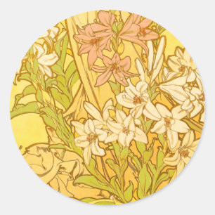Adesivo Redondo Alfonse Mucha Art Nouveau flores de lírio