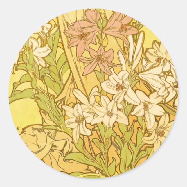 Adesivo Redondo Alfonse Mucha Art Nouveau Lily Flores (Frente)