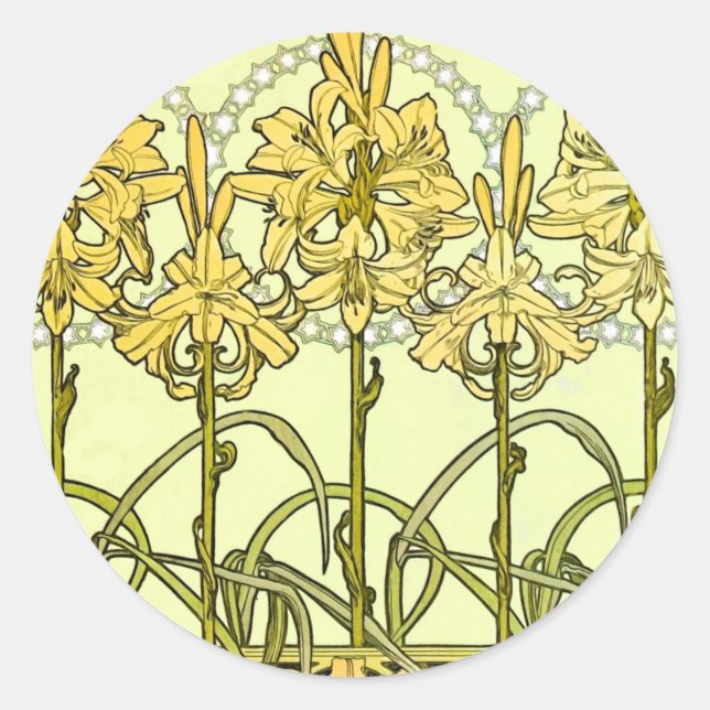 Adesivo Redondo Alfonse Mucha Art Nouveau Lily Padrão Floral (Frente)