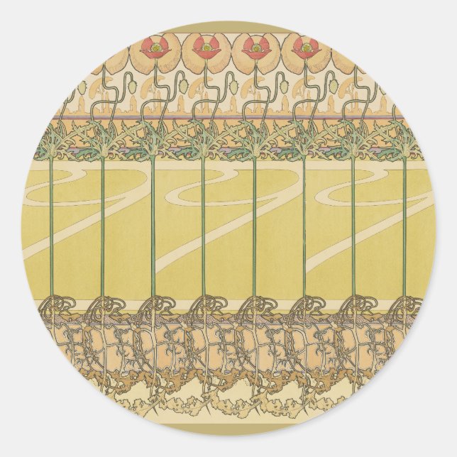 Adesivo Redondo Alfonse Mucha Poppies Art Nouveau Floral Wallpaper (Frente)