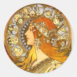 Adesivo Redondo Alfonse Mucha Zodiac Art Nouveau Mulher