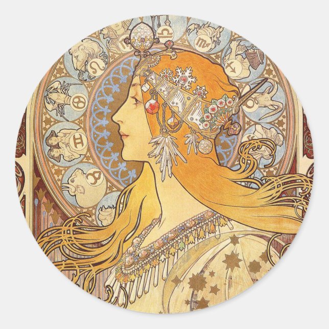 Adesivo Redondo Alfonse Mucha Zodiac Art Nouveau Mulher (Frente)