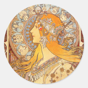 Adesivo Redondo Alfonse Mucha Zodiac Art Nouveau Mulher