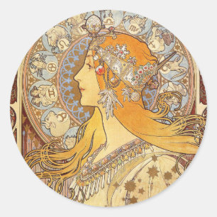 Adesivo Redondo Alfonse Mucha Zodíaco Arte Nova Mulher