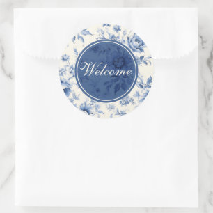 Adesivo Redondo Algo Azul Floral Francês Toile Bem-Vindo