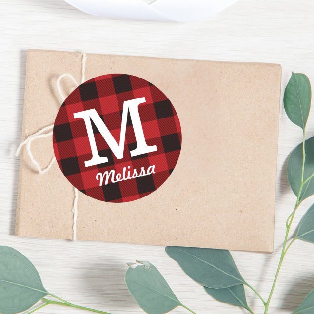 Adesivo Redondo Algodão primitivo Lumberjack Xadrez de búfalo verm (Primitive Cottage Red buffalo Plaid lumberjack Classic Round Sticker)