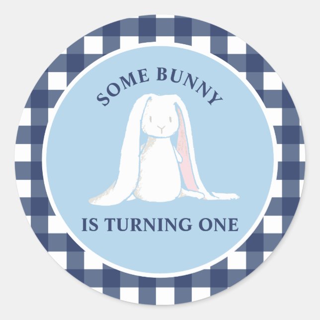 Adesivo Redondo Algum Coelhinho é Um Aniversário de Gingham Azul (Frente)