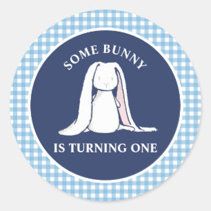 Adesivo Redondo Algum Coelhinho é Um Aniversário de Gingham Azul