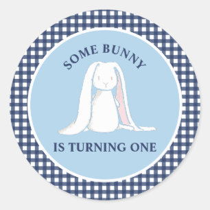 Adesivo Redondo Algum Coelhinho é Um Aniversário de Gingham Azul