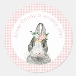 Adesivo Redondo Algum Coelhinho é Um Aniversário de Gingham Rosa