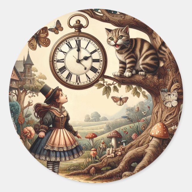 Adesivo Redondo Alice & Cheshire Cat: Whimsical Wonderland Fantasy (Frente)