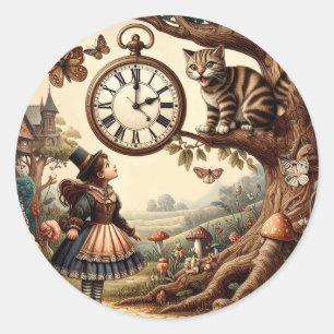 Adesivo Redondo Alice & Gato de Cheshire: Fantasia Caprichosa do P