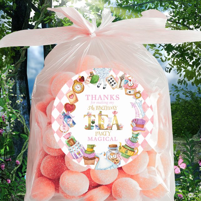 Adesivo Redondo Alice in Wonderland 5th birthday Thank You Sticker (Criador carregado)