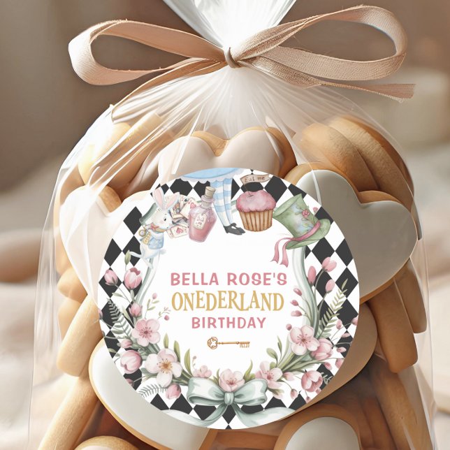 Adesivo Redondo Alice in Wonderland Flower Frame  1st birthday (Criador carregado)