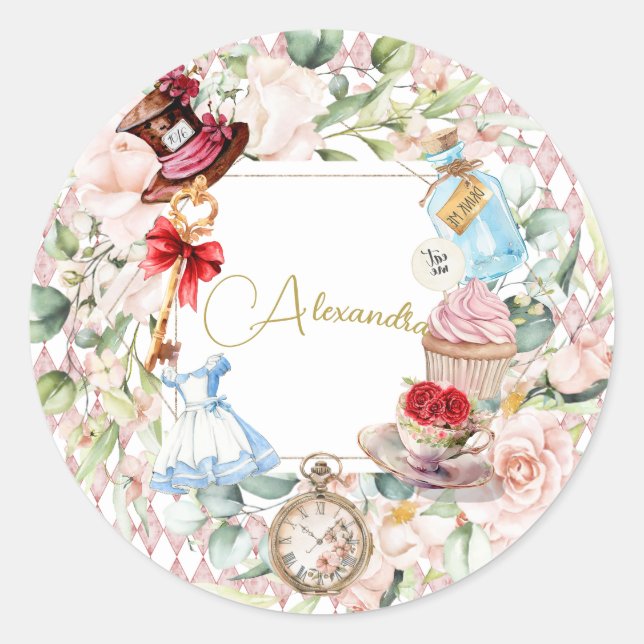 Adesivo Redondo Alice In Wonderland Watercolor Floral Pink (Frente)