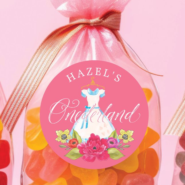 Adesivo Redondo Alice no País das Florestas e Vestido Azul (Alice in Onederland Florals & Blue Dress Birthday Classic Round Sticker)