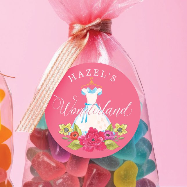 Adesivo Redondo Alice no País das Maravilhas Florais e Vestido Azu (Alice in Wonderland Florals & Blue Dress Birthday Classic Round Sticker)