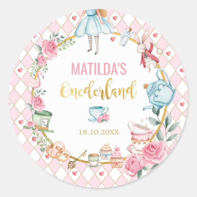 Adesivo Redondo Alice no País das Maravilhas primeiro aniversario  (Frente)